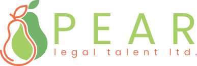 Logo for PEAR legal talent ltd. featuring a green pear graphic to the left of the text. PEAR is written in large green letters; legal talent ltd. is in smaller orange lowercase letters below.